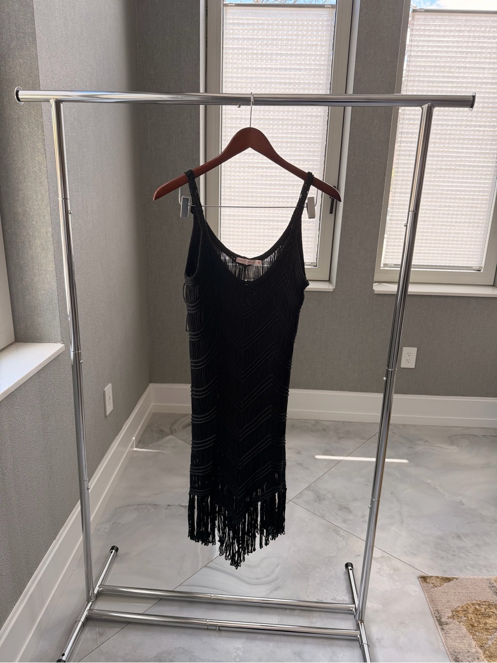 Paradise USA Black Fringe Crochet Cover Up Dress Size M Boho Festival Beach